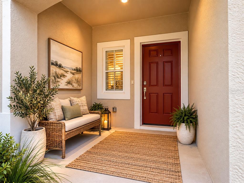 A covered front porch features a red door and a single window with white trim — 5780 HAVEN TERRACE, NOKOMIS, FL
