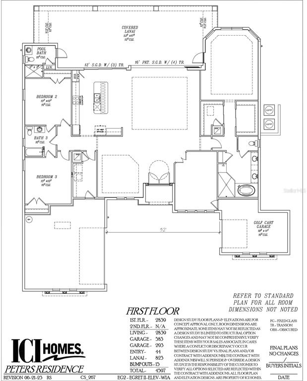 This is a floor plan for a single-story residential home with a three-car garage — 518 SWEETGUM LANE, PALM COAST, FL