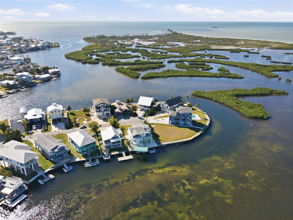 An aerial view shows waterfront houses on a point surrounded by mangroves and water — 3395 EAGLE NEST DRIVE, HERNANDO BEACH, FL