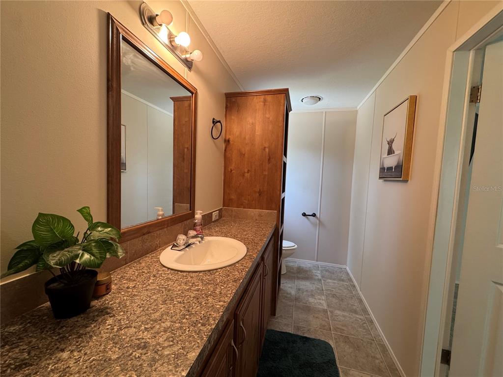 A bathroom features a wood vanity with a stone countertop, a mirror, and a toilet — 44 KELLY RIDGE ROAD, FROSTPROOF, FL