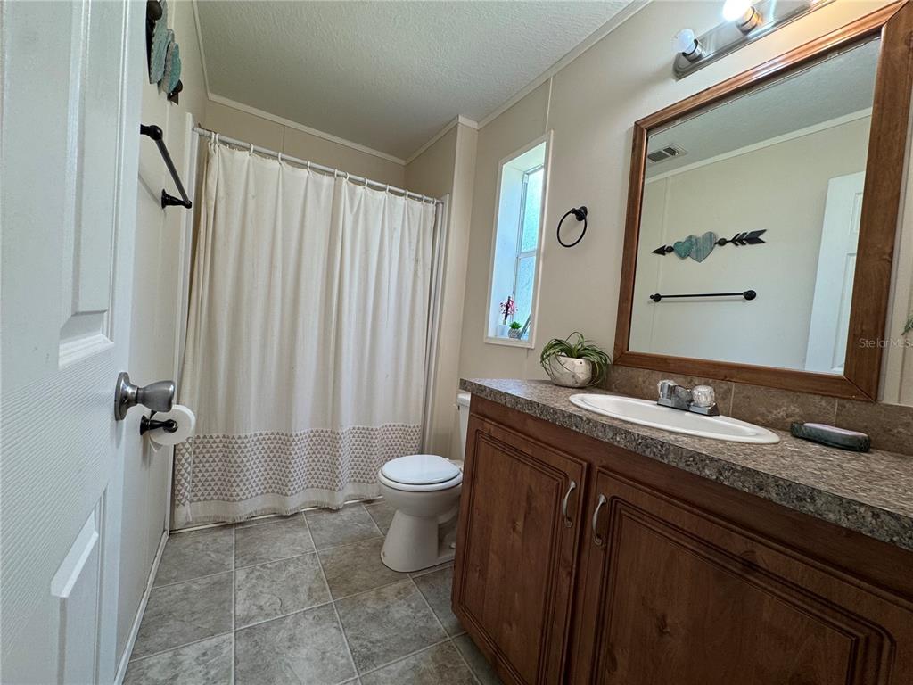 A bathroom features a vanity with a stone countertop, a toilet, and a shower curtain — 44 KELLY RIDGE ROAD, FROSTPROOF, FL