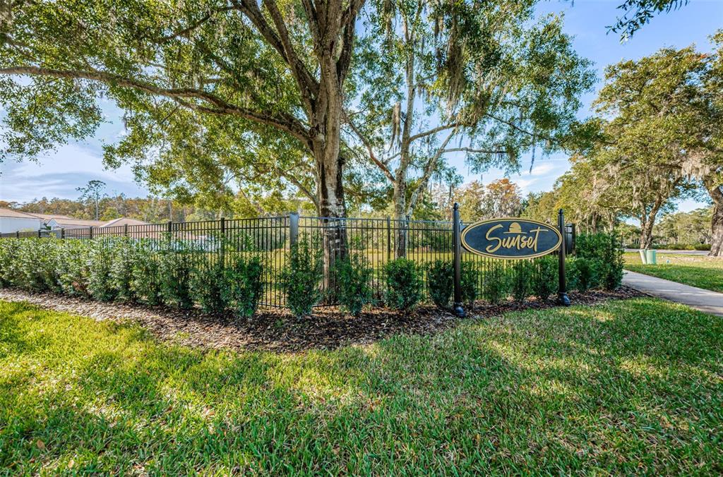 A black metal fence surrounds a grassy area with a sign reading Sunset — 4445 LANSBROOK PARKWAY, PALM HARBOR, FL