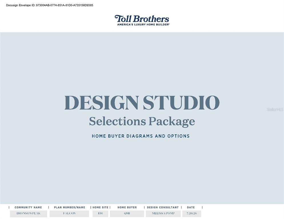 This is a Toll Brothers Design Studio Selections Package cover page for a home — 1424 STONECLIFF DRIVE, APOPKA, FL