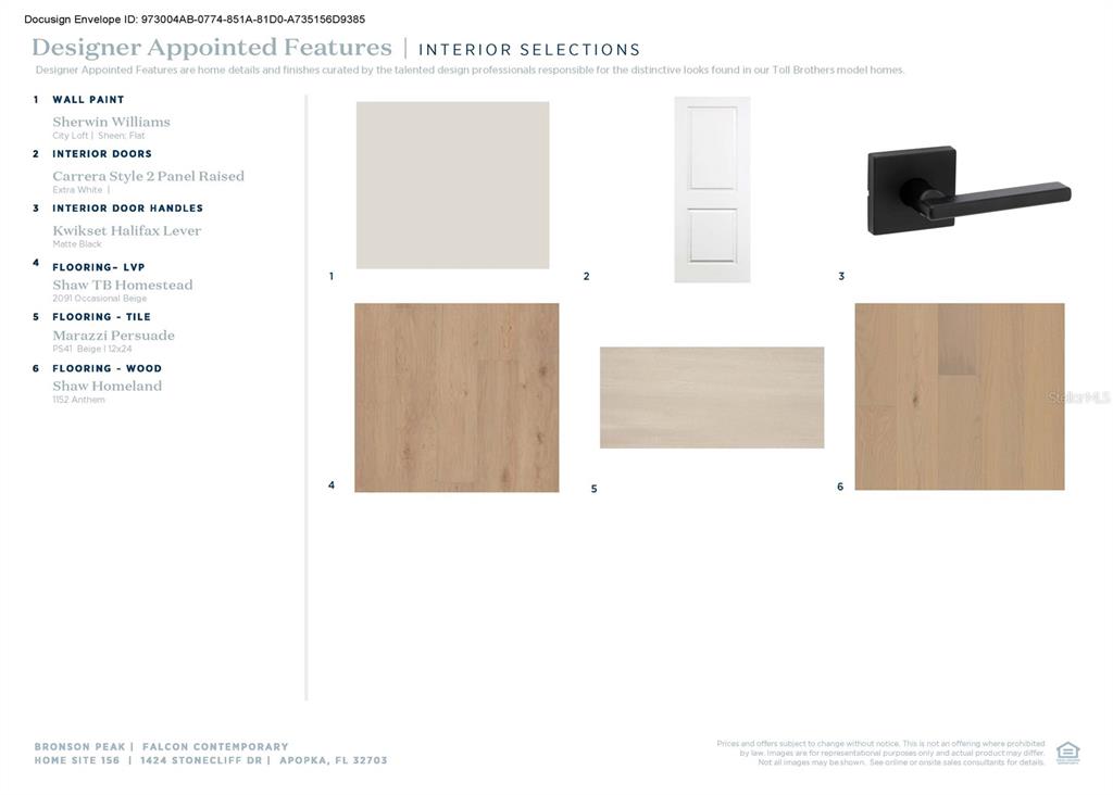 This document displays interior design selections including wall paint, doors, hardware, and various flooring options — 1424 STONECLIFF DRIVE, APOPKA, FL