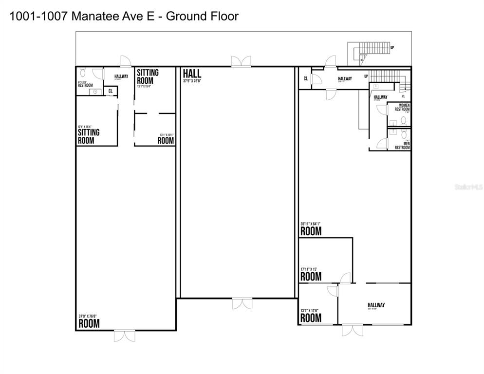 This is a floor plan for the ground level of a commercial building — 1001 & 1007 MANATEE AVENUE E, BRADENTON, FL