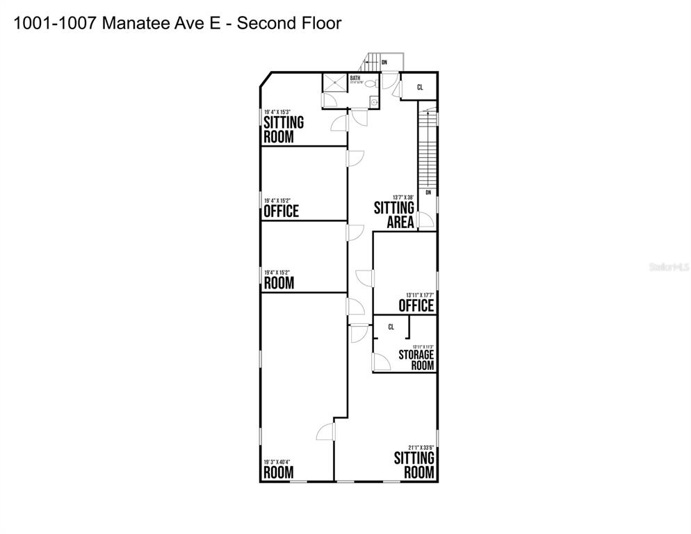 This is a floor plan of a second-floor layout with multiple rooms and a bathroom — 1001 & 1007 MANATEE AVENUE E, BRADENTON, FL