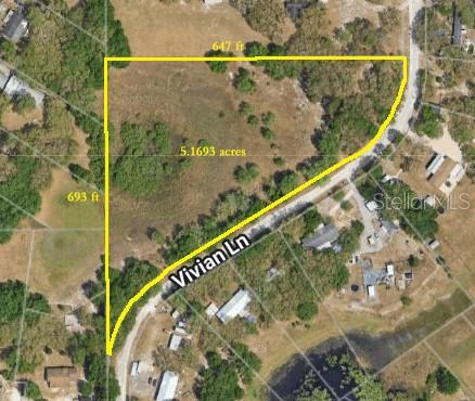 This aerial map shows a 5.1693-acre plot of land outlined in yellow along Vivian Lane — 13339 VIVIAN LANE, HUDSON, FL