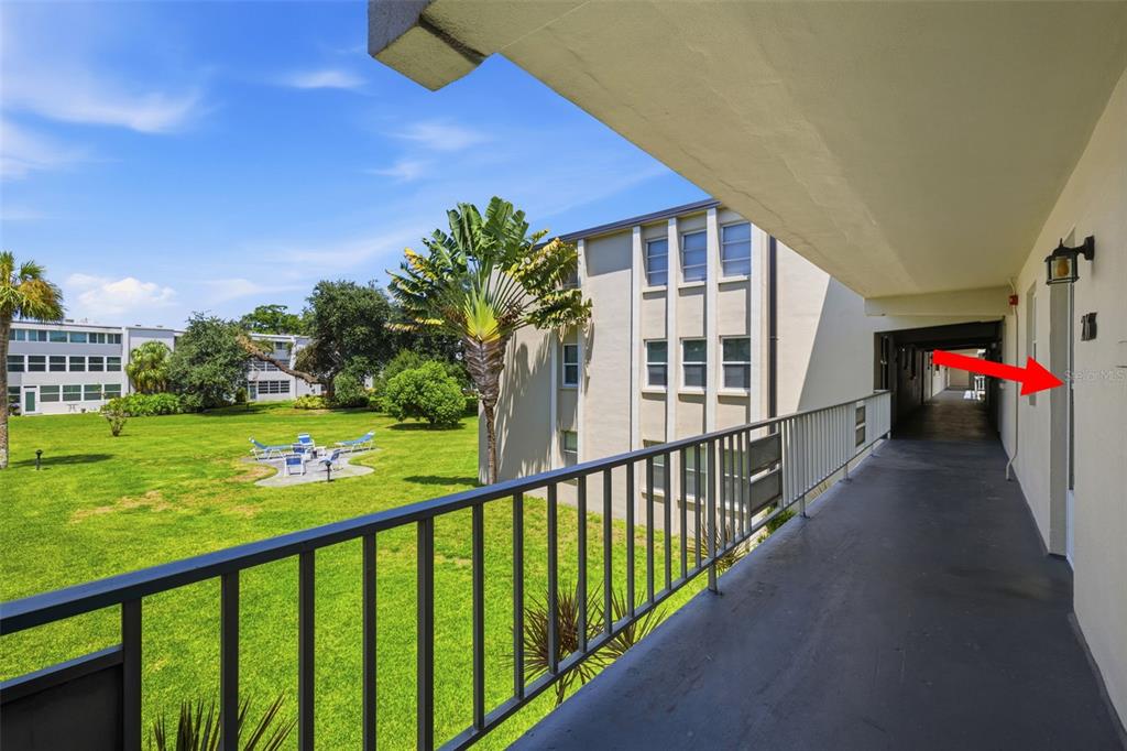 An exterior walkway overlooks a grassy courtyard with palm trees and a seating area — 9940 47TH AVENUE N UNIT 216, ST PETERSBURG, FL