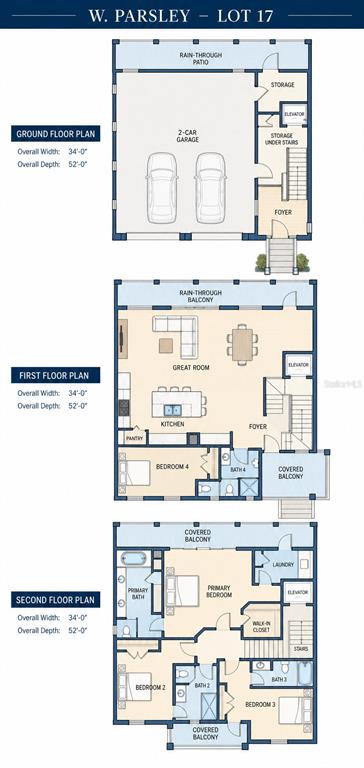 This is a rendering of a three-story, light blue coastal home with multiple balconies — 14085 W PARSLEY, MADEIRA BEACH, FL