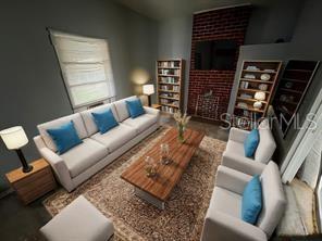 This is a digital rendering of a living room featuring a sofa, armchairs, and bookshelves — 5950 NE HIGHWAY 41, WILLISTON, FL