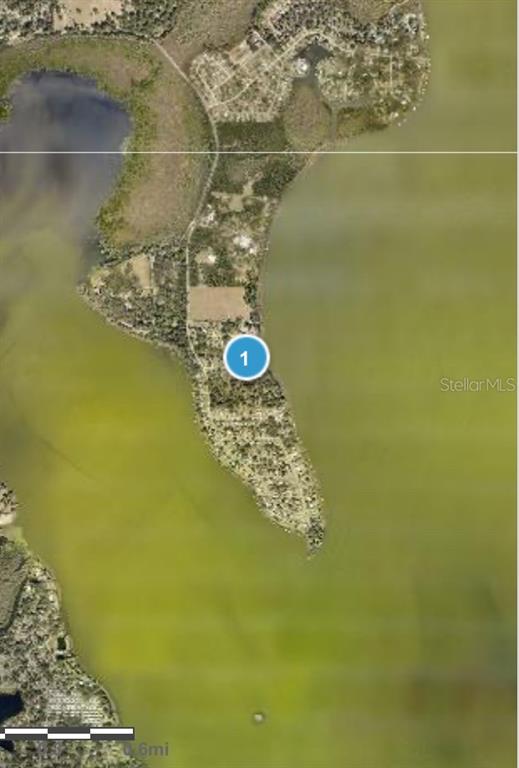 This is an aerial map view of a peninsula extending into a large body of water — MOCKINGBIRD LANE, FRUITLAND PARK, FL