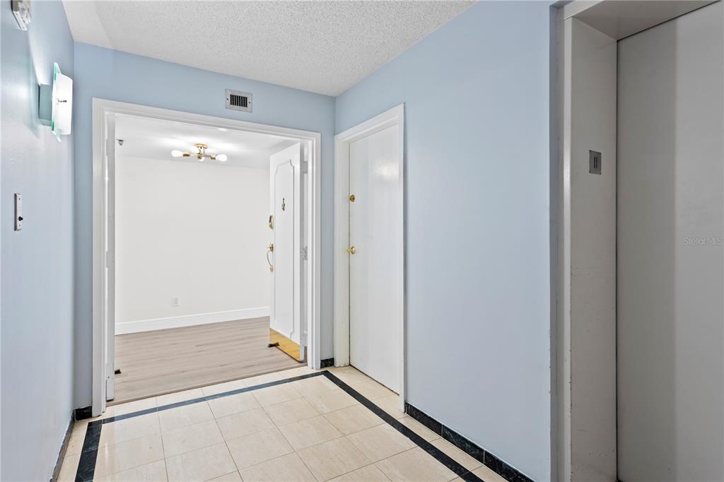 A hallway with light blue walls, tile flooring, a white door, and an elevator entrance — 3301 BAYSHORE BOULEVARD UNIT 1101E, TAMPA, FL