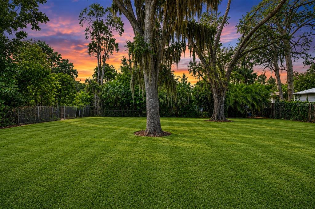 A large, manicured green lawn features two mature trees under a vibrant sunset sky — 205 2ND AVENUE SE, RUSKIN, FL