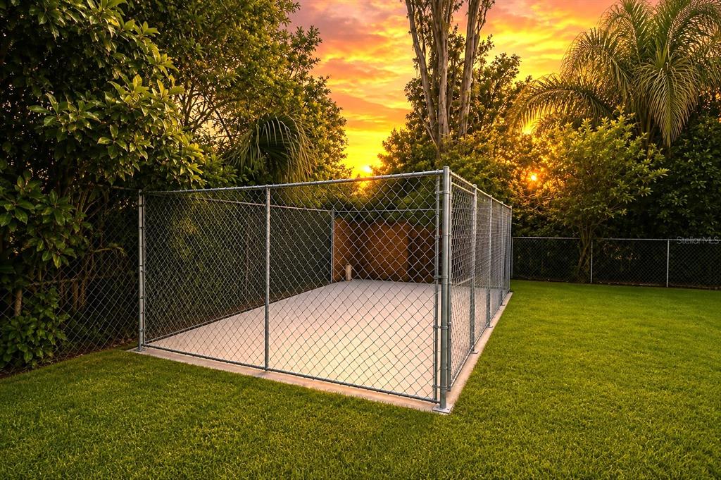 A chain-link dog kennel sits on a concrete pad in a grassy backyard at sunset — 205 2ND AVENUE SE, RUSKIN, FL