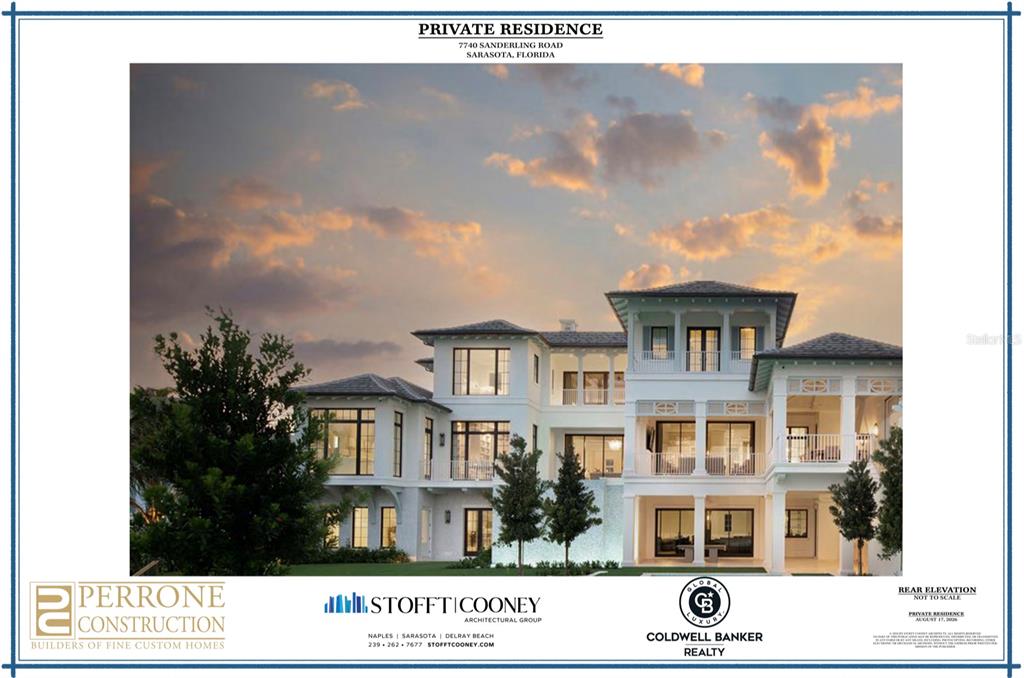 This architectural rendering shows the rear exterior elevation of a multi-story luxury white residence — 7740 SANDERLING ROAD, SARASOTA, FL
