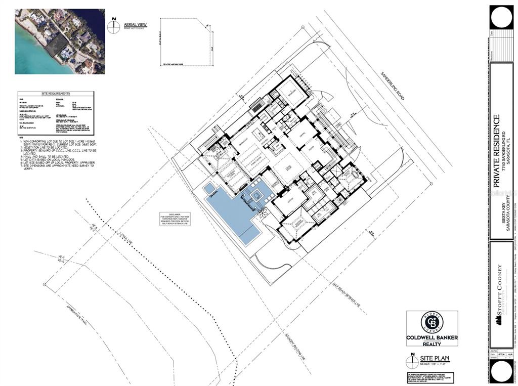 This is a site plan and floor plan rendering for a private residence — 7740 SANDERLING ROAD, SARASOTA, FL