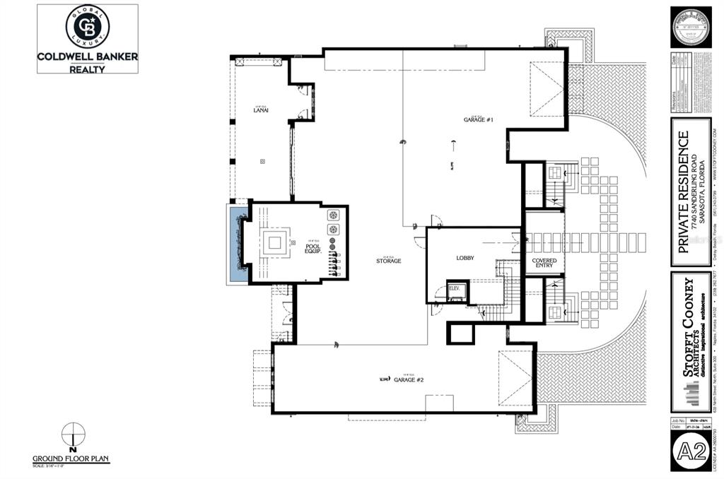 This is a ground floor plan for a private residence featuring two garages and a lobby — 7740 SANDERLING ROAD, SARASOTA, FL