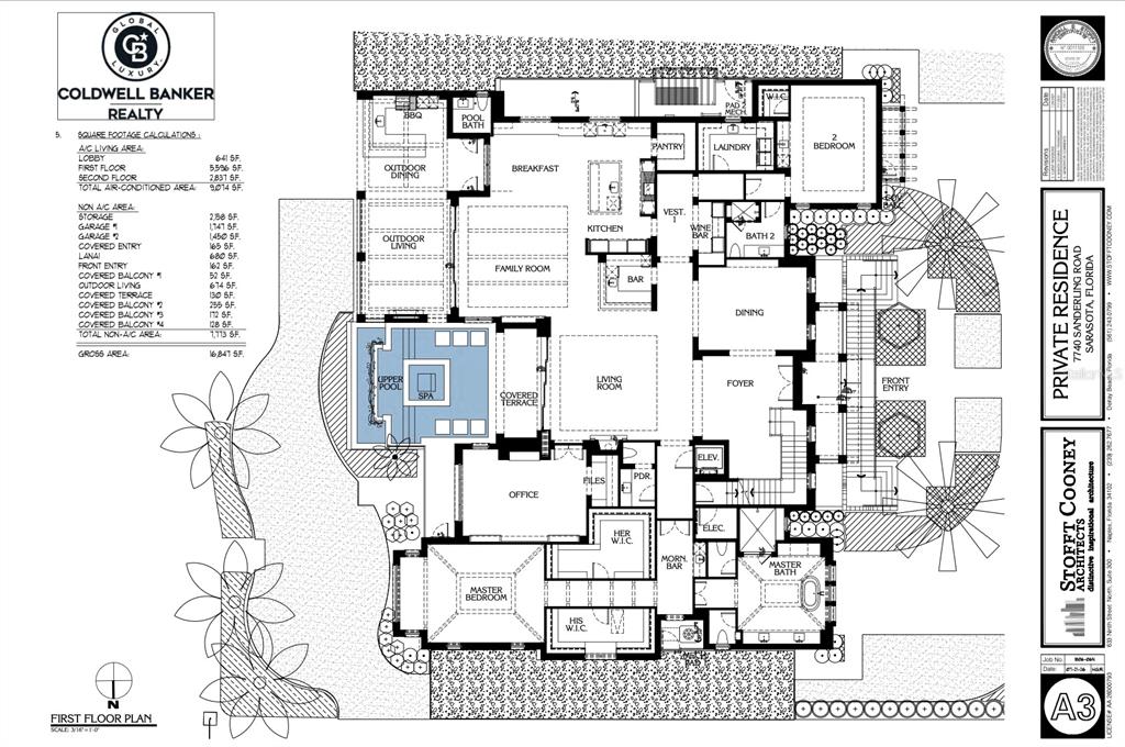 This is a detailed architectural floor plan for the first level of a luxury residence — 7740 SANDERLING ROAD, SARASOTA, FL