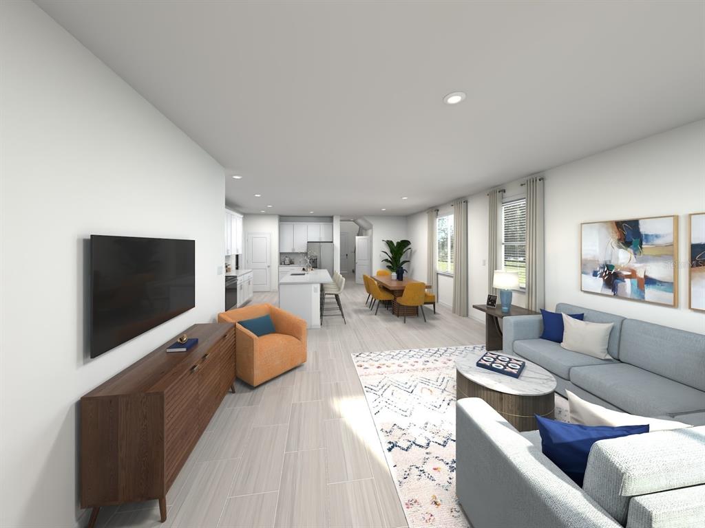 This is a rendering of an open-concept living room, dining area, and kitchen — 1777 ARCHER DRIVE, MINNEOLA, FL