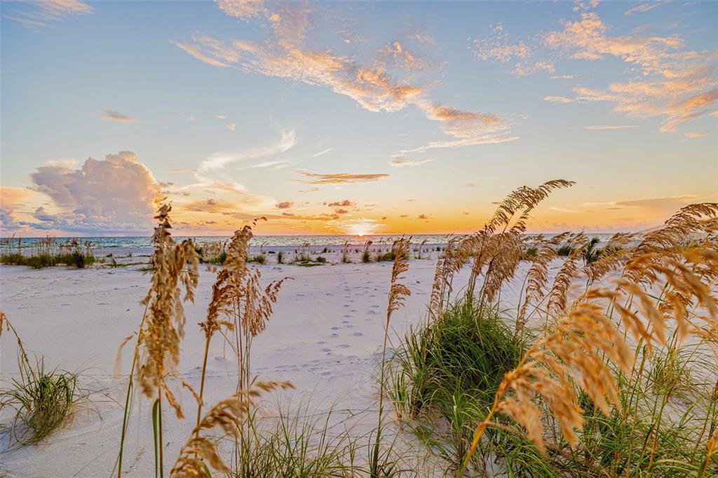 A sandy beach with sea oats in the foreground under a sunset sky — 1024 ELDORADO AVENUE, CLEARWATER BEACH, FL