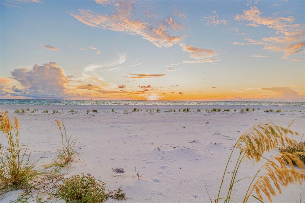 A sandy beach with dune grass in the foreground overlooks the ocean at sunset — 1024 ELDORADO AVENUE, CLEARWATER BEACH, FL