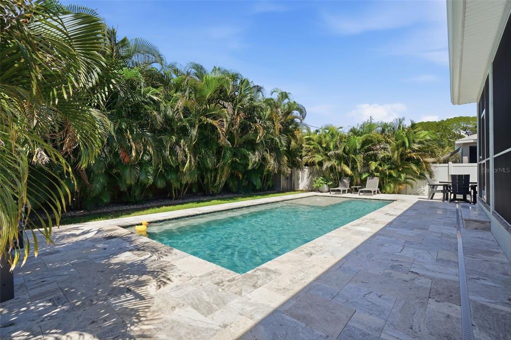 A rectangular swimming pool with stone decking is surrounded by lush palm trees and landscaping — 7859 40TH AVENUE N, ST PETERSBURG, FL