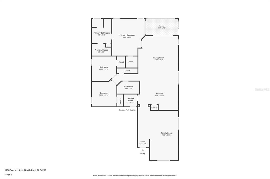 This is a floor plan of a single-story residential home with three bedrooms — 1796 SCARLETT AVENUE, NORTH PORT, FL