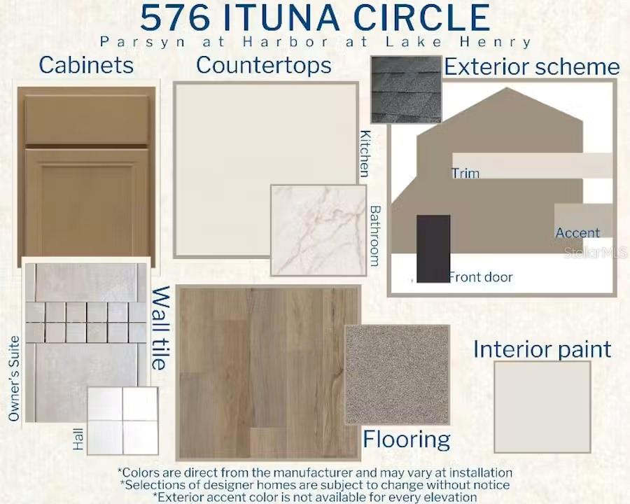 This design board displays material and color selections for a home's interior and exterior finishes — 576 ITUNA CIRCLE, WINTER HAVEN, FL