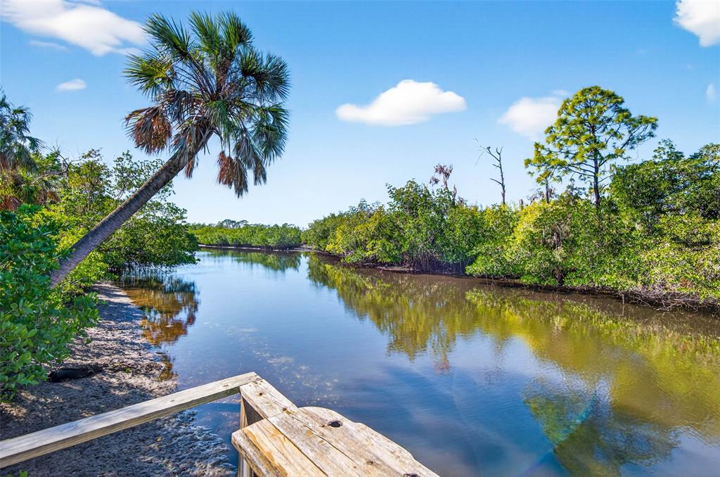 A wooden deck overlooks a calm, narrow waterway surrounded by lush green mangrove trees — 2619 RIVER BEND DRIVE, RUSKIN, FL
