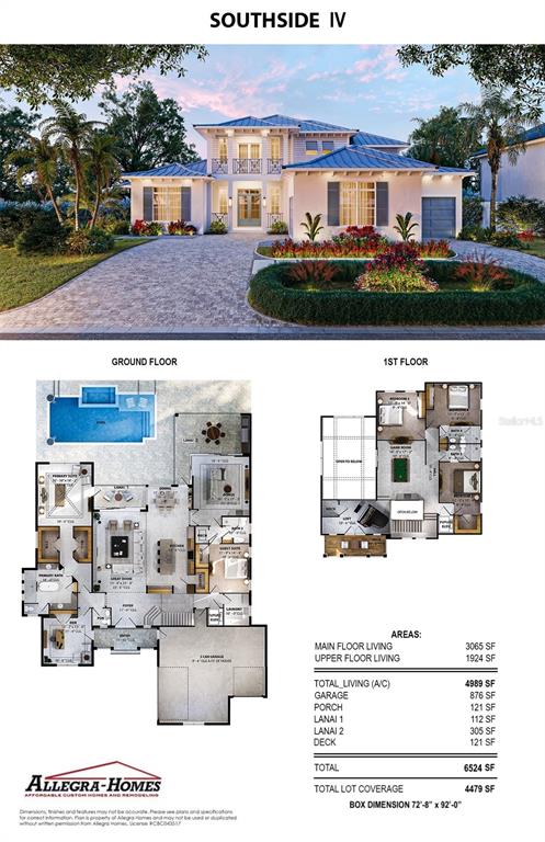This image shows a rendering and floor plans for a two-story residential home design — 1509 FLOWER DRIVE, SARASOTA, FL