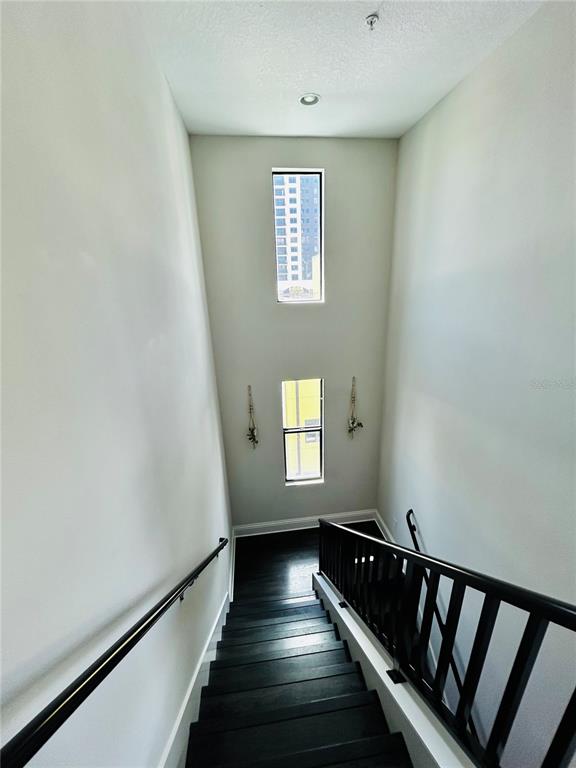 A staircase with dark wood steps and a black railing leads down between two windows — 919 ARLINGTON AVENUE N, ST PETERSBURG, FL