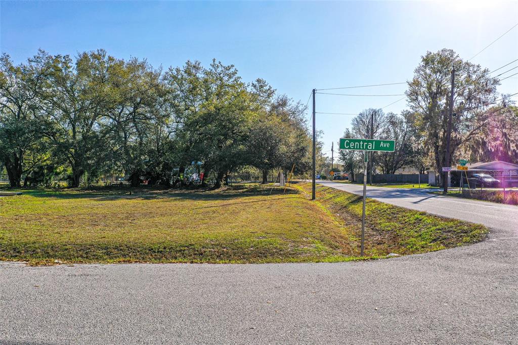 A vacant grassy lot sits at a street corner with a Central Ave sign — CENTRAL AVENUE, MULBERRY, FL