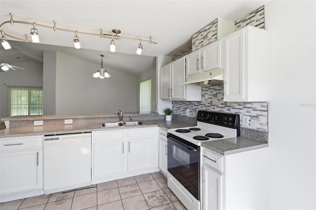 A kitchen with white cabinets, granite countertops, a tile backsplash, and a track lighting system — 6100 LEE LAN DRIVE, ORLANDO, FL