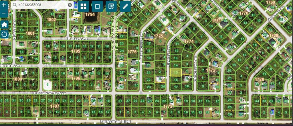 This is a satellite map view showing residential land parcels and street layouts — 12143 STORKE AVENUE, PORT CHARLOTTE, FL