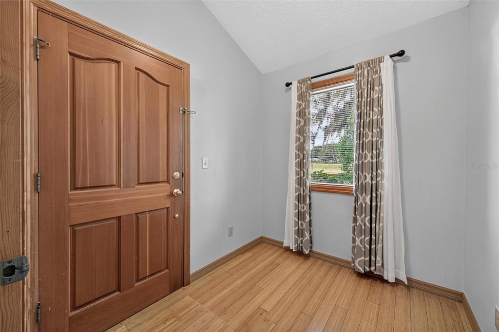 An entryway with a wooden door, light-colored walls, and wood-look flooring next to a window — 25717 TROON AVENUE, SORRENTO, FL
