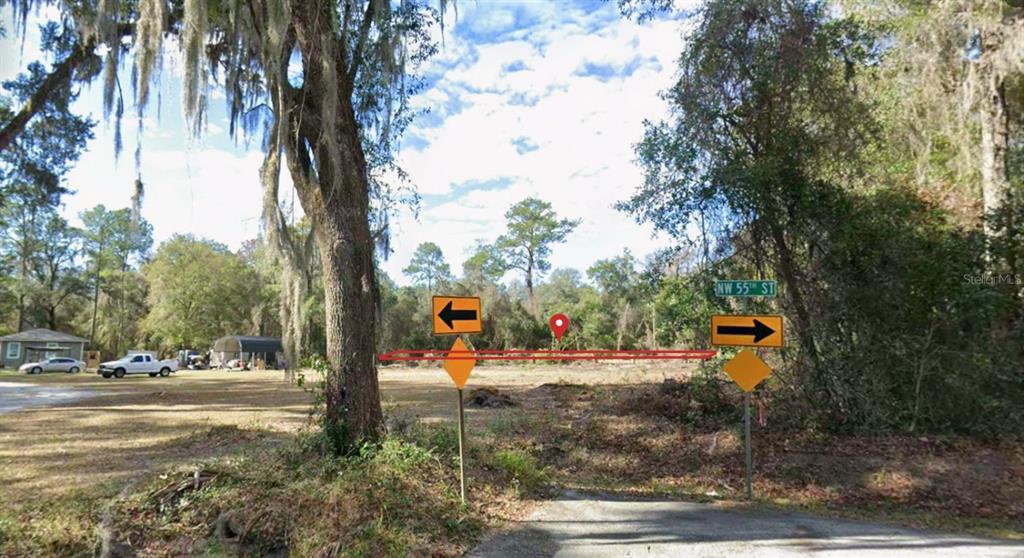 A vacant, wooded lot features a street sign and directional traffic signs on a sunny day — NW 55TH STREET, GAINESVILLE, FL