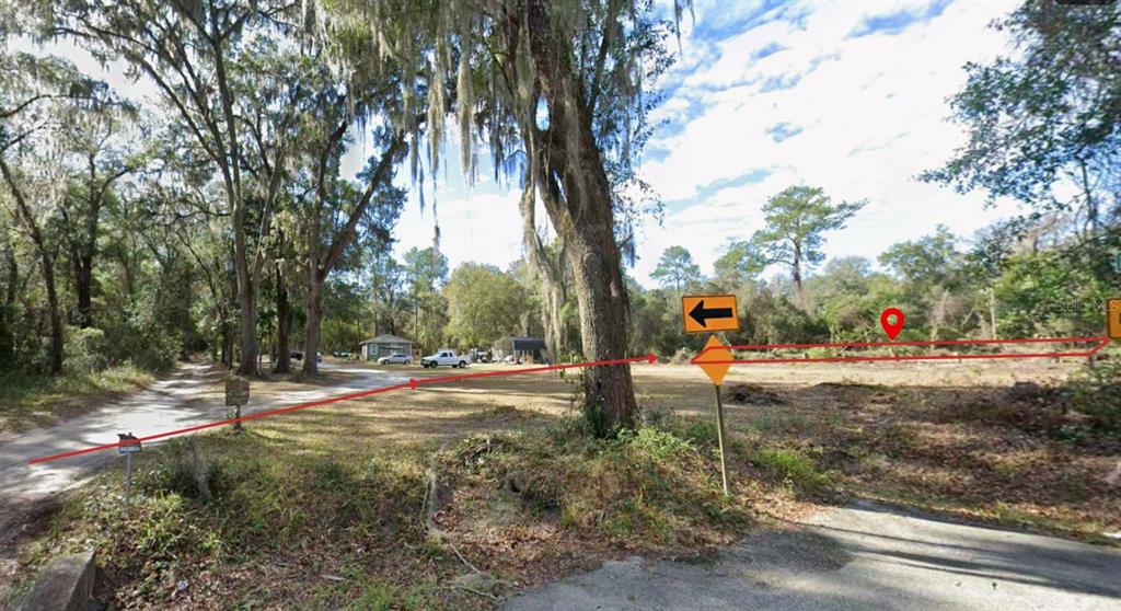 A dirt road leads to a cleared, wooded lot with a red location marker overlay — NW 55TH STREET, GAINESVILLE, FL