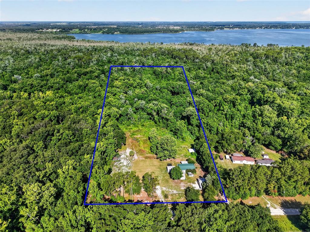 An aerial view shows a rectangular property boundary outlined in blue over a wooded lot — 24301 JEFFERSON ST, ASTATULA, FL