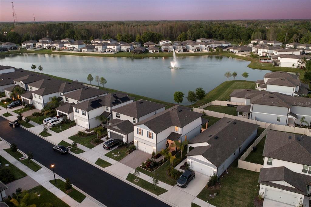 An aerial view of a suburban neighborhood featuring houses surrounding a lake with a fountain — 21051 MONZA LOOP, LAND O LAKES, FL