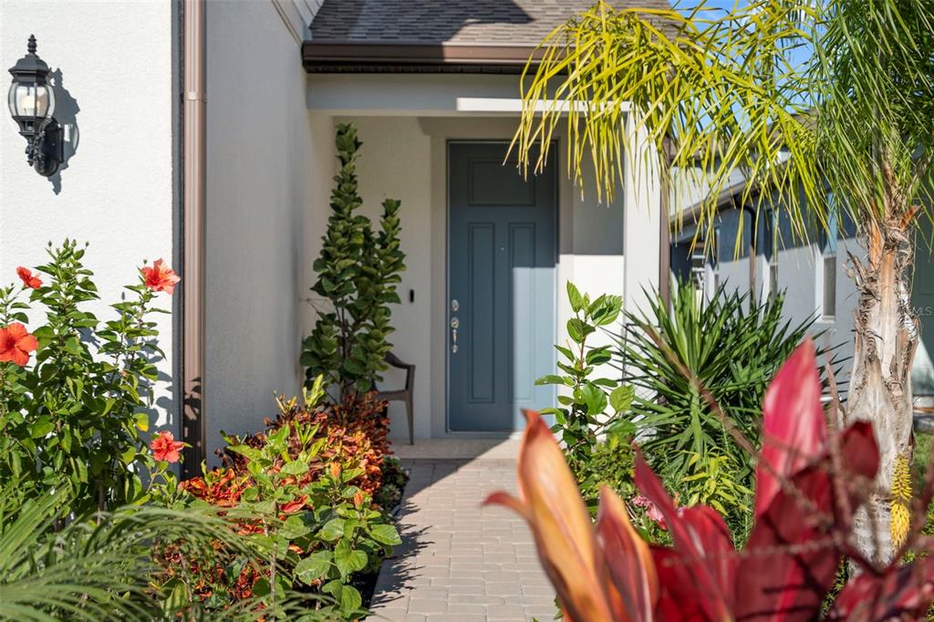A paved walkway leads to a blue front door under a covered entryway with landscaping — 21051 MONZA LOOP, LAND O LAKES, FL