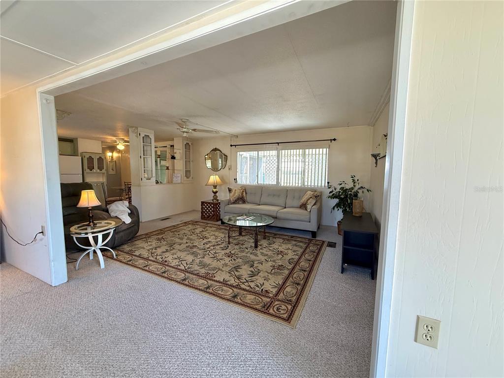 A living room with a patterned area rug, a grey sofa, and a glass coffee table — 123 SAINT KITTS WAY, APOLLO BEACH, FL