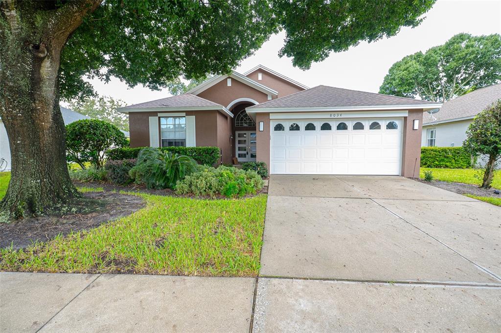 A single-story house with a brown stucco exterior, a two-car garage, and a large tree — 8034 ARCADIAN COURT, MOUNT DORA, FL
