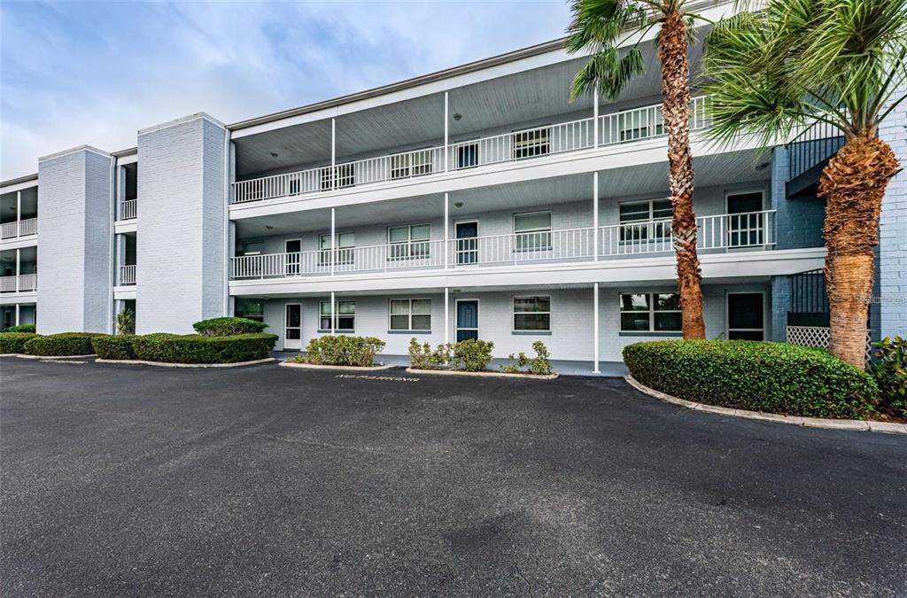 A swimming pool sits on a patio overlooking a bay with palm trees and vegetation — 1859 SHORE DRIVE S UNIT 107, SOUTH PASADENA, FL