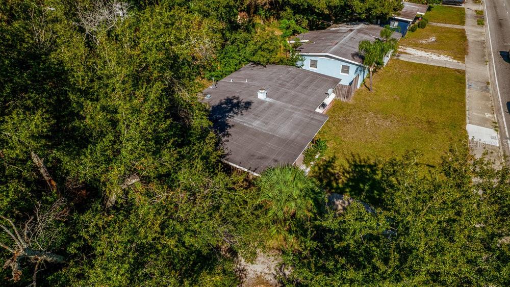 An aerial view shows a light blue house with a flat roof surrounded by dense trees — 1406 CONWAY ROAD, ORLANDO, FL