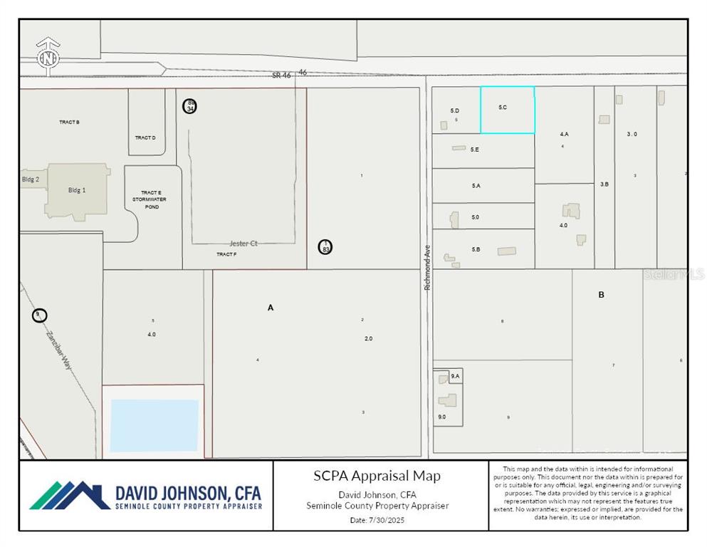 This is a property appraisal map showing parcel boundaries, street names, and building footprints — E SR 46, SANFORD, FL