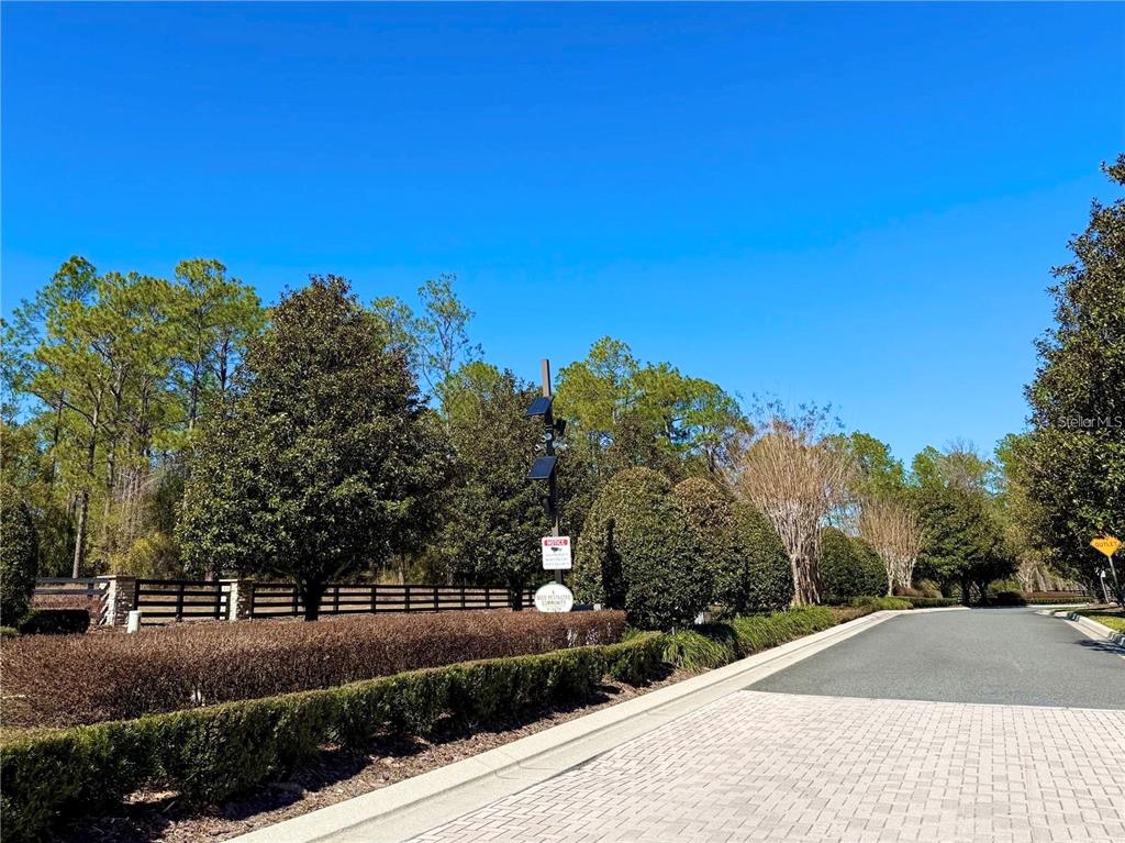 A paved road leads past a landscaped hedge and a sign toward a wooded area — 35135 PINEGATE TRAIL, EUSTIS, FL