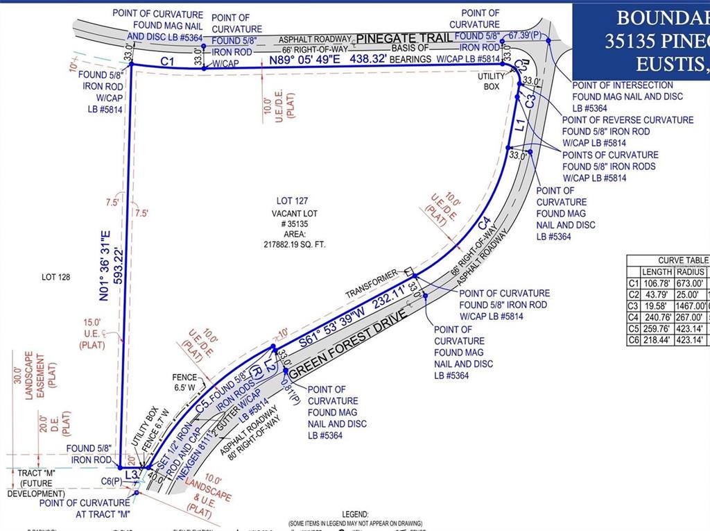 This is a land survey map showing the property boundaries and easements of a vacant lot — 35135 PINEGATE TRAIL, EUSTIS, FL