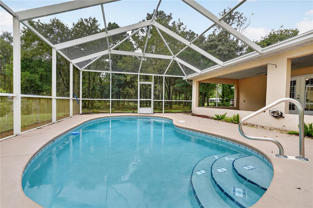 A screened-in swimming pool with built-in steps and a metal handrail on a concrete deck — 389 SW BIG TREE ROAD, DUNNELLON, FL