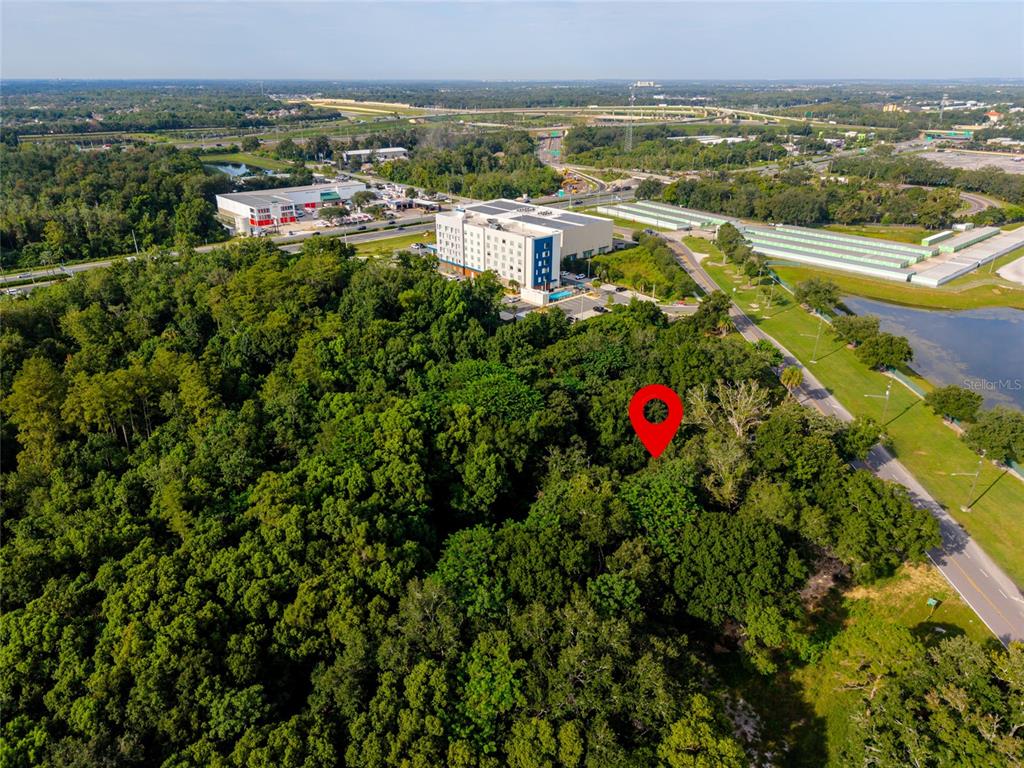 An aerial view shows a wooded lot marked with a red pin near a hotel — 923 MARSHALL FARMS ROAD, OCOEE, FL