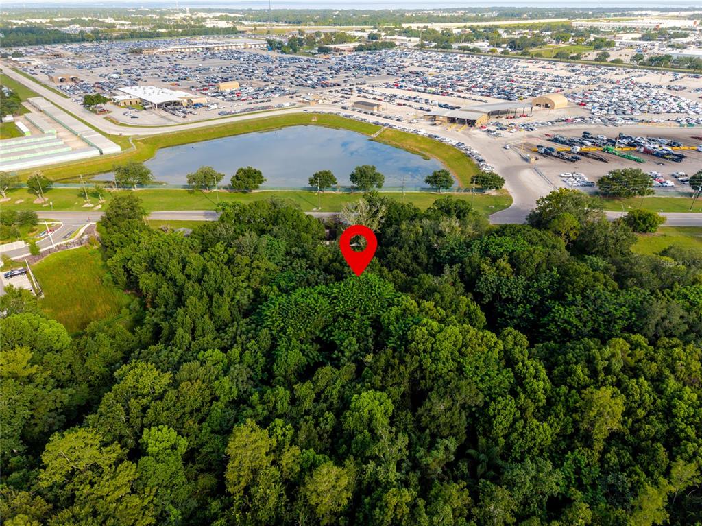 An aerial view shows a wooded lot marked by a red pin near a pond — 923 MARSHALL FARMS ROAD, OCOEE, FL